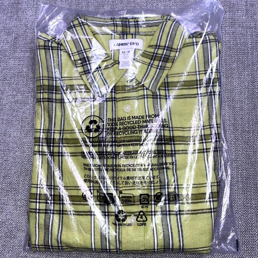 Lands' End Flannel Boyfriend Shirt Women Medium 10-12 Green Lime Plaid Button Up